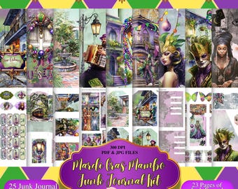 May include: A digital junk journal kit with a Mardi Gras theme. The kit includes 25 pages (8.5x11 inches) and 23 elements, featuring illustrations of New Orleans scenes, masks, and performers. The kit is labeled "Mardi Gras Mambo Junk Journal Kit."