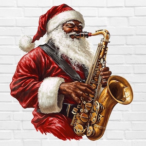 Schwarzer Weihnachtsmann PNG | Schwarze Weihnachten PNG | Weihnachtsmann PNG | Weihnachtsmann spielt Saxophon Clipart | Afro Santa Png Jazz Musik Png Retro Santa Png