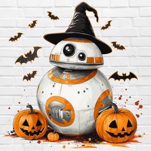 May include: A Halloween-themed illustration of a droid character wearing a witch's hat, with jack-o'-lanterns and bats. The droid is white and orange, with a black hat. Two carved pumpkins and several bat silhouettes are also present.