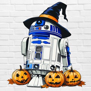May include: A digital illustration of the Star Wars droid R2-D2 wearing a black and orange witch's hat. Three carved orange pumpkins sit at the droid's base, surrounded by autumn leaves. The droid is white and blue.