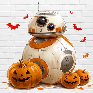 May include: An illustration featuring a BB-8 droid in orange and white, accompanied by three carved orange pumpkins with jack-o'-lantern faces. Red bat silhouettes are scattered around the droid and pumpkins, suggesting a Halloween theme.