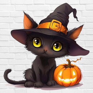 Halloween Cat PNG | Funny Halloween PNG for shirt and decoration | Black Cat PNG | Pumpkin Png Clipart | Black Cat with Witch Hat Png File