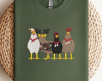 Embroidered Cute Christmas Chickens Sweatshirt, Funny Christmas Chicken Sweatshirt, Christmas Crewneck, Holiday Sweatshirt