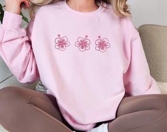 Embroidered Hibiscus Flower Sweatshirt, Hawaii Style