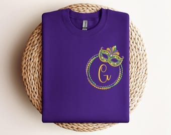 Mardi Gras Embroidered Sweatshirt Shirt, Personalized Mask Monogram Embroidery, New Orleans Fat Tuesday Outfit