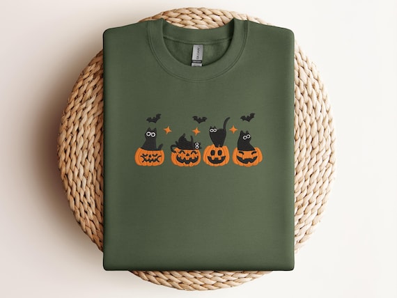 Embroidered Halloween Cat Sweatshirt – Black Cats in Pumpkins, Spooky Fall