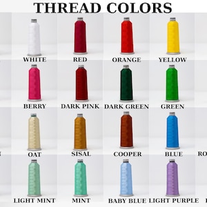 May include: Image displaying a variety of thread colors, each labeled with its name. Colors include black, white, red, orange, yellow, gold, pink, berry, dark pink, dark green, green, gray, pecan, oat, sisal, cooper, blue, royal blue, navy, light mint, mint, baby blue, light purple, and purple.