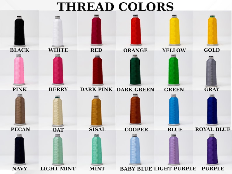 May include: Image displaying a variety of thread colors, each labeled with its name. Colors include black, white, red, orange, yellow, gold, pink, berry, dark pink, dark green, green, gray, pecan, oat, sisal, cooper, blue, royal blue, navy, light mint, mint, baby blue, light purple, and purple.