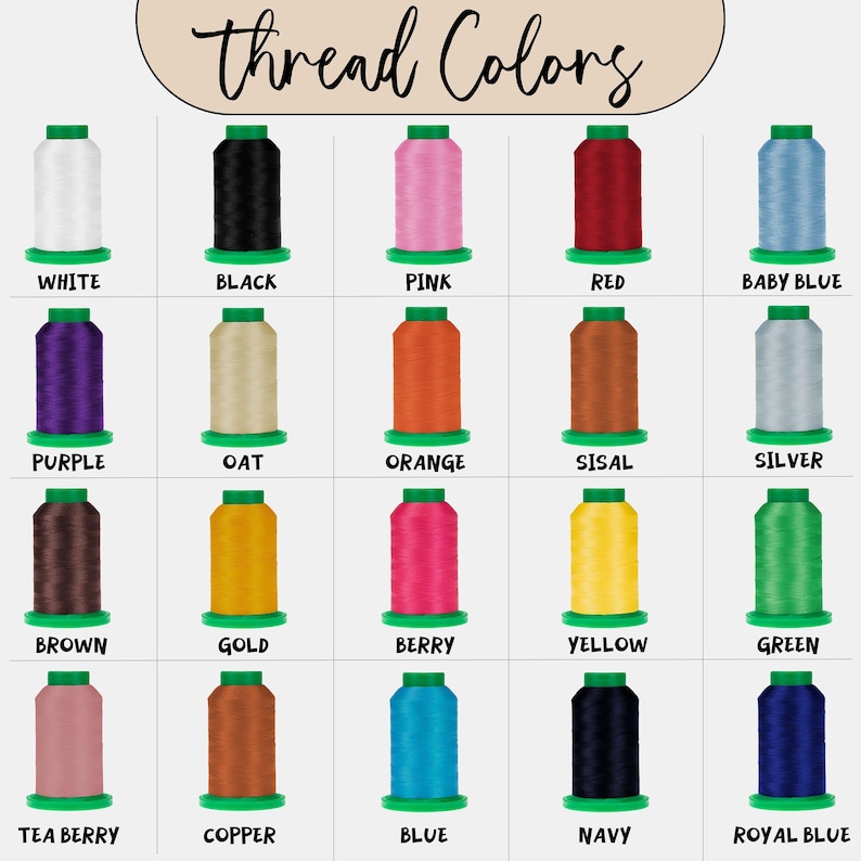 May include: A chart of thread colors with names for each color. The colors include white, black, pink, red, baby blue, purple, oat, orange, sisal, silver, brown, gold, berry, yellow, green, tea berry, copper, blue, navy, and royal blue.