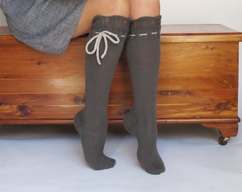 Knee High Socks Slate Grey Lace Merino Cashmere Wool Blend