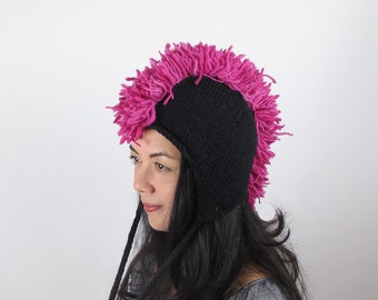 Hat Mohawk Hat Hot Pink Wool Ear Flap Hat Hand Knit