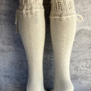 Knee High Socks Lace Panel Cream White Wedding Merino Wool with Ties Hand Knit Perfect Cream Lace zdjęcie 6