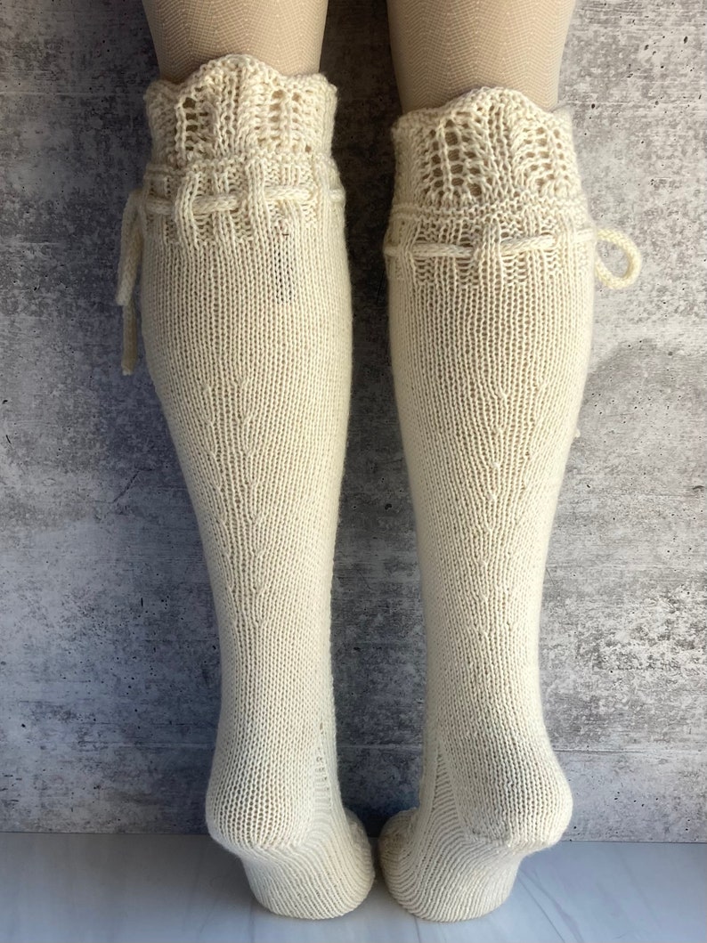 Knee High Socks Lace Panel Cream White Wedding Merino Wool with Ties Hand Knit Perfect Cream Lace zdjęcie 6