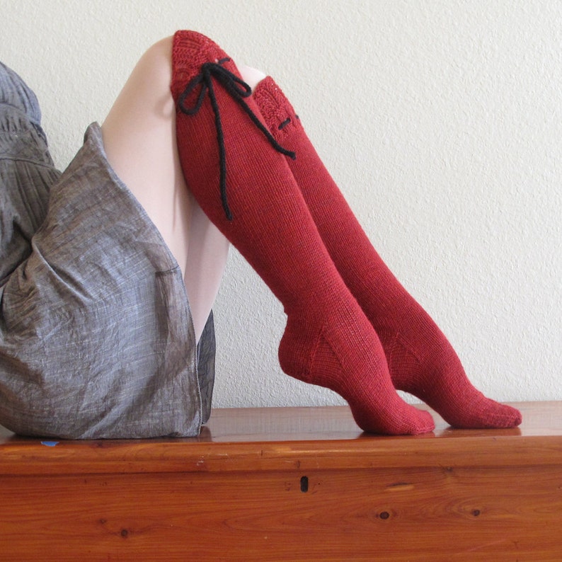 Knee High Socks Classic Red Lace With Black Ties Hand Knit Etsy