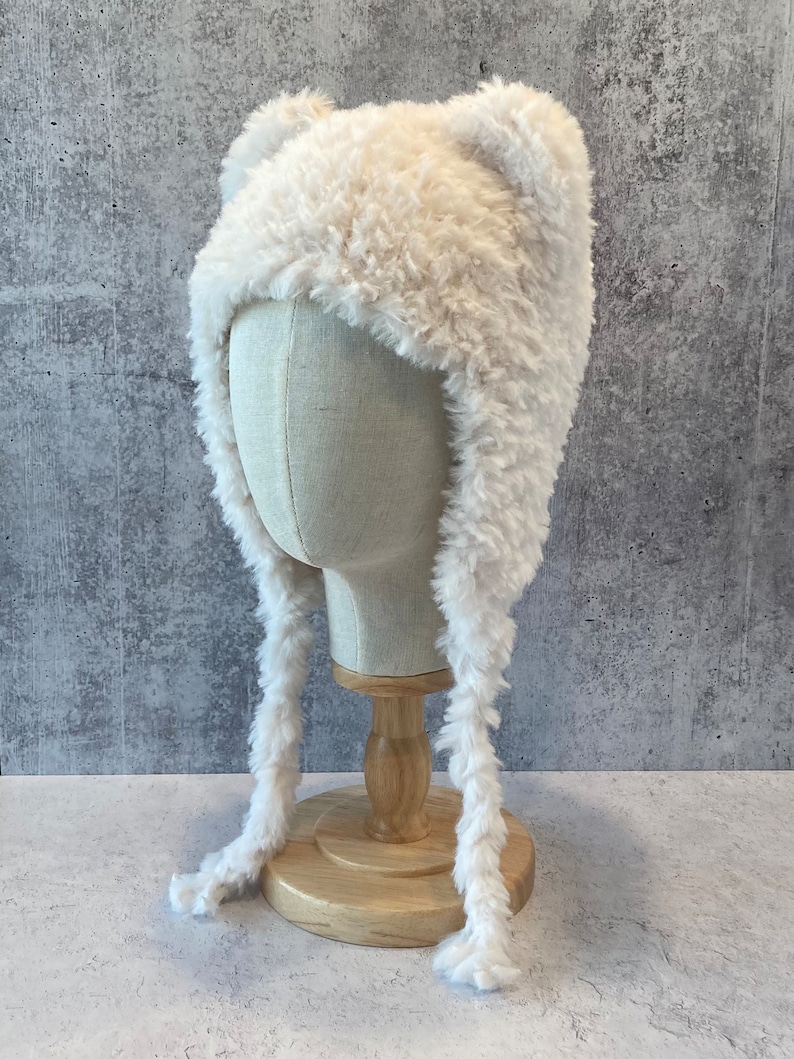 Hat with Ears White Polar Bear Animal hat with Ears Hand Knit White Faux Fur Hat with Ears White Fake Fur Hat with Ears 画像 4