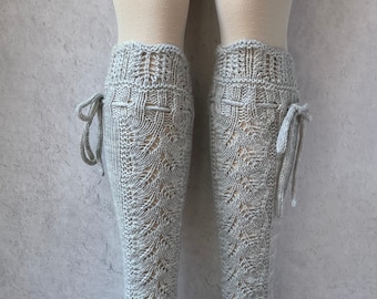 Stocking Socks Knee High Dove Gray Lace Leaf Panel Hand Knit Cashmere Merino Wool Socks with ties