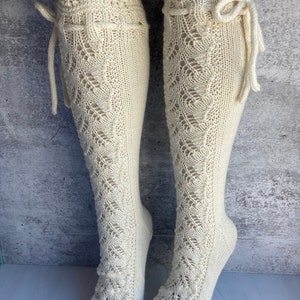 Knee High Socks Lace Panel Cream White Wedding Merino Wool with Ties Hand Knit Perfect Cream Lace zdjęcie 3