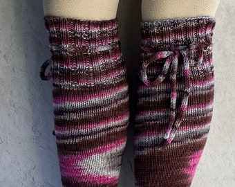 Knee High Socks Spiral Stripe Pink Light Grey and Chocolate Brown Women hand knit with ties Hand Knit Merino Wool Crazy Socks