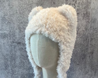 Hat with Ears White Polar Bear Animal hat with Ears Hand Knit White Faux Fur Hat with Ears White Fake Fur Hat with Ears