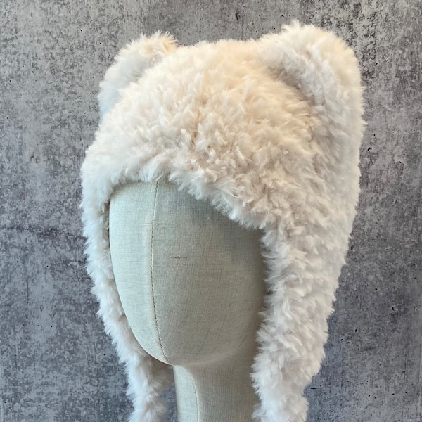 Hat with Ears White Polar Bear Animal hat with Ears Hand Knit White Faux Fur Hat with Ears White Fake Fur Hat with Ears