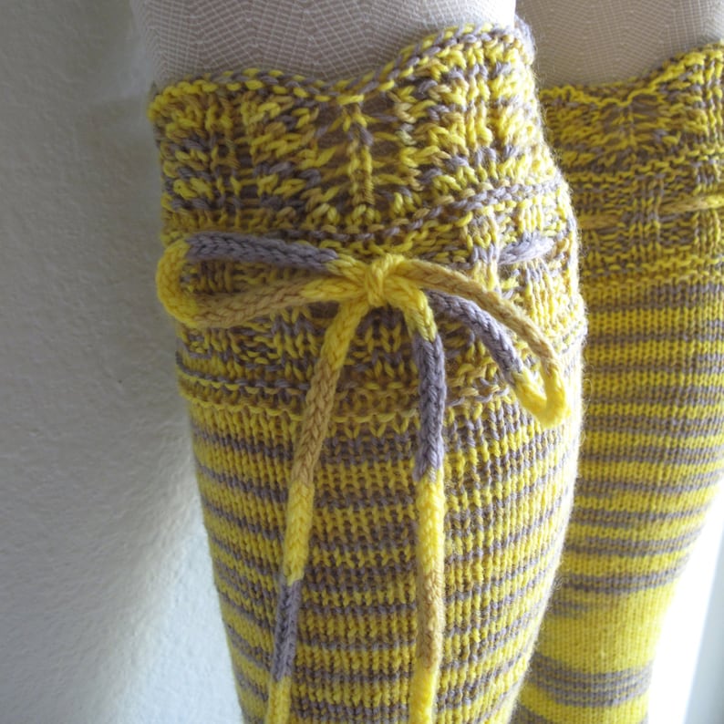 Knee High Socks Yellow and Grey Lace Merino Wool with Ties hand knit image 4