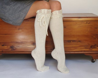 Knee High Socks Perfect Cream Lace Hand Knit for Weddings Merino blend Cashmere Wool Trousseau