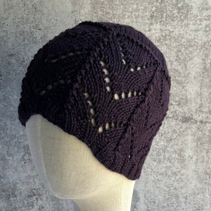 Purple Beanie Silk Merino Wool Beanie Lace Purple Eggplant Hand Knit Beanie Hat