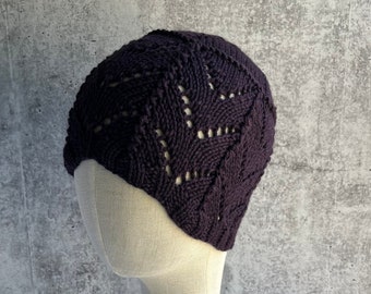 Purple Beanie Silk Merino Wool Beanie Lace Purple Eggplant Hand Knit Beanie Hat