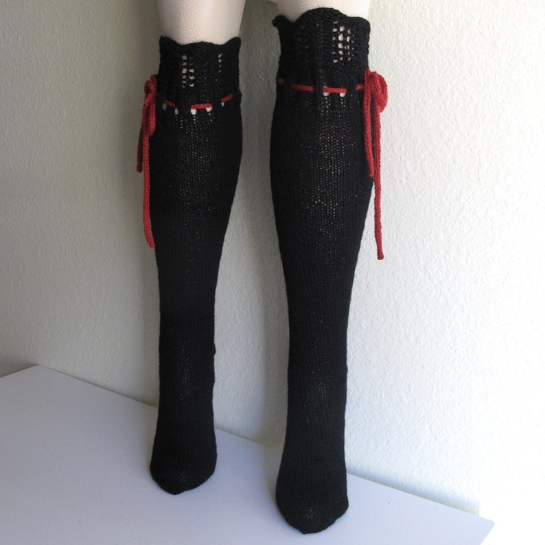 Knee High Socks Classic Black Lace Merino Wool with Red Ties hand knit image 2