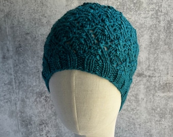 Beanie Silk Merino Wool Beanie Lace Turquoise Green Gem Hand Knit Beanie Hat Cloche