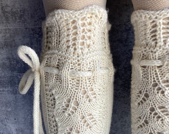 Knee High Socks Lace Panel Cream White Wedding Merino Wool with Ties Hand Knit Perfect Cream Lace