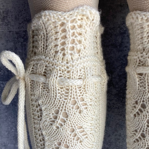 Knee High Socks Lace Panel Cream White Wedding Merino Wool with Ties Hand Knit Perfect Cream Lace