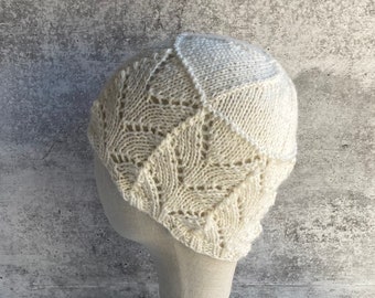 White Beanie Merino Wool and Angora Knit White Cream Lace Hand Knit White Knit Cloche hat