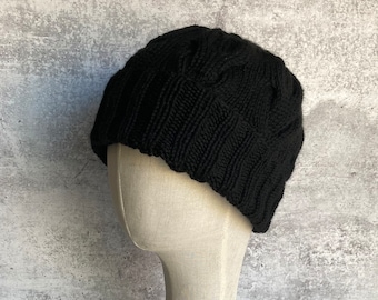 Black Cable Knit Beanie Merino Wool Hat Cable Knit Hat True Jet Black Wool Hand Knit Beanie