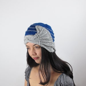 Blue Cloche Hat Merino Sapphire Blue and Silver Fan Cable Hand Knit Women&#39;s