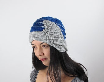 Blue Cloche Hat Merino Sapphire Blue and Silver Fan Cable Hand Knit Women's