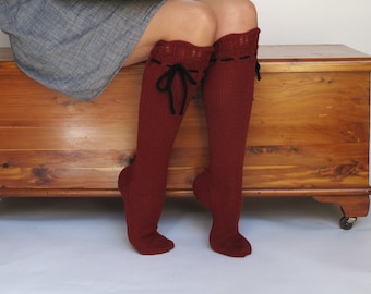 Knee High Socks Red Hot Lace Women hand knit with ties Hand Knit Merino Cashmere Blend Wool