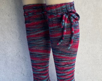 Knee High Socks Spiral Stripe Purple Red Turquoise Women hand knit with ties Hand Knit Merino Wool Crazy Socks