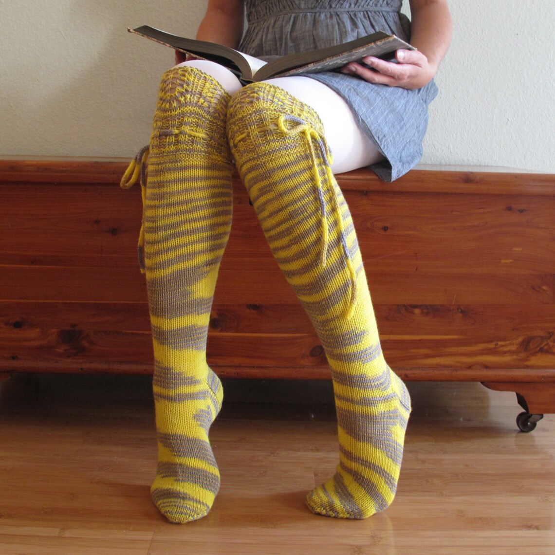 Knee High Socks Yellow and Grey Lace Merino Wool With Ties Etsy