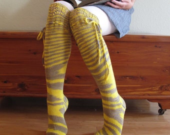 Knee High Socks Yellow and Grey Lace Merino Wool with Ties hand knit