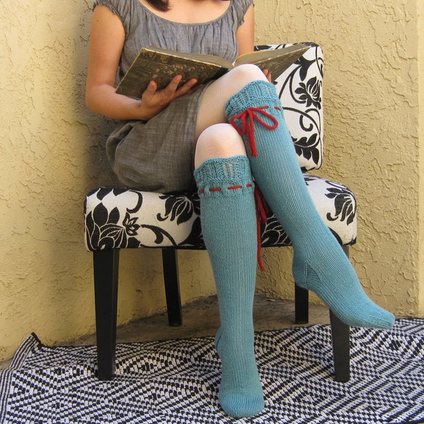 Knee High Socks Turquoise Merino Wool Lace with Red Ties hand knit