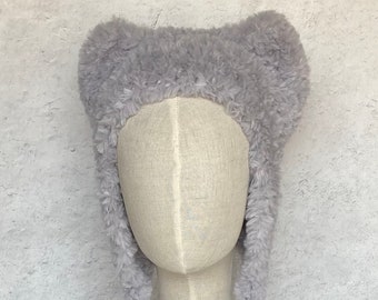 Hat with Ears Silver Gray Bear Hat Animal Hat in Hand Knit Luxe Faux Fur