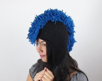 Hat Mohawk Hat Cobalt Blue Ear Flap Hat Wool Hand Knit