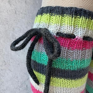 Knee High Socks Striped Lime Green Gray Pink Merino wool Socks with Ties Stockings