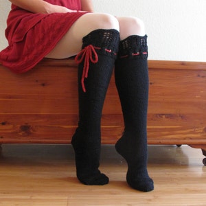 Knee High Socks Classic Black Lace Merino Wool with Red Ties hand knit image 1