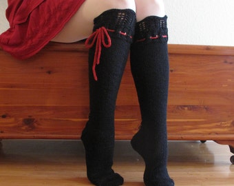 Knee High Socks Classic Black Lace Merino Wool with Red Ties hand knit