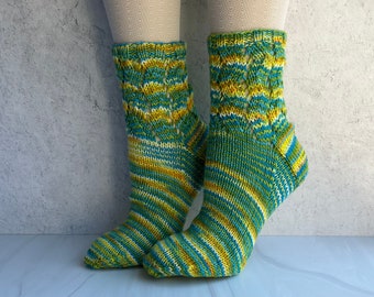 Lace Socks Lemon Yellow and Lime Green Multi Color Hand Knit Merino Wool Self Striping Crazy Socks