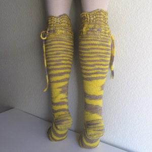 Knee High Socks Yellow and Grey Lace Merino Wool with Ties hand knit image 3