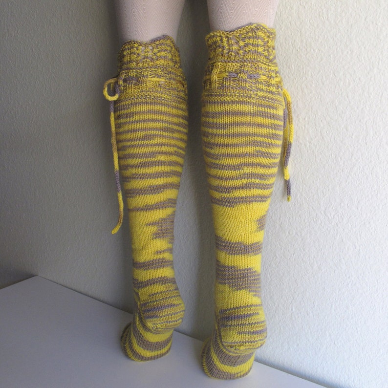 Knee High Socks Yellow and Grey Lace Merino Wool with Ties hand knit image 3