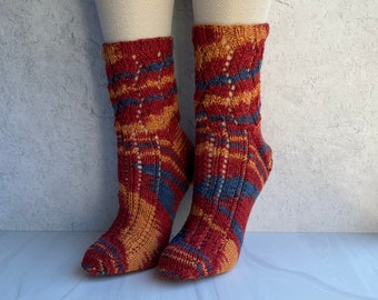 Lace Socks Red Gold and Blue Multi Color Hand Knit Merino Wool Self Striping Crazy Socks